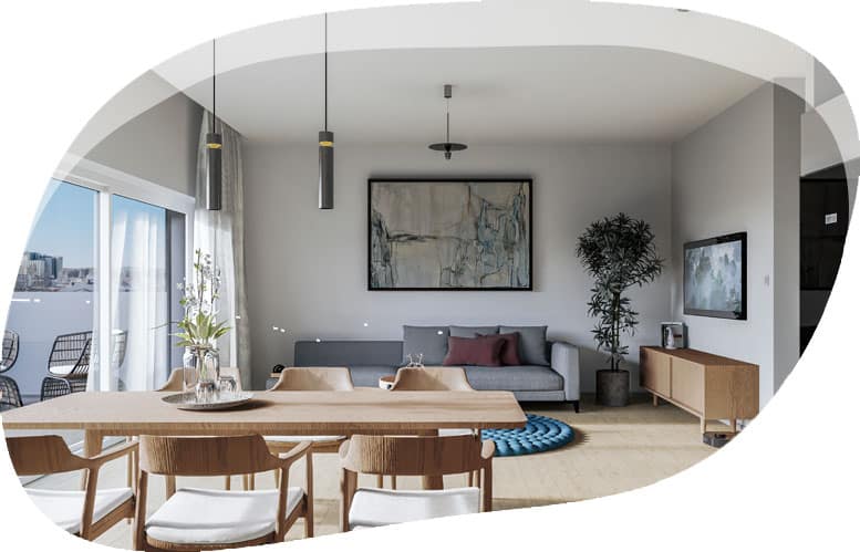 Illustrasjonsbilde av lekeplassen utenfor leilighetsbygget, med lekende barn og foreldre.